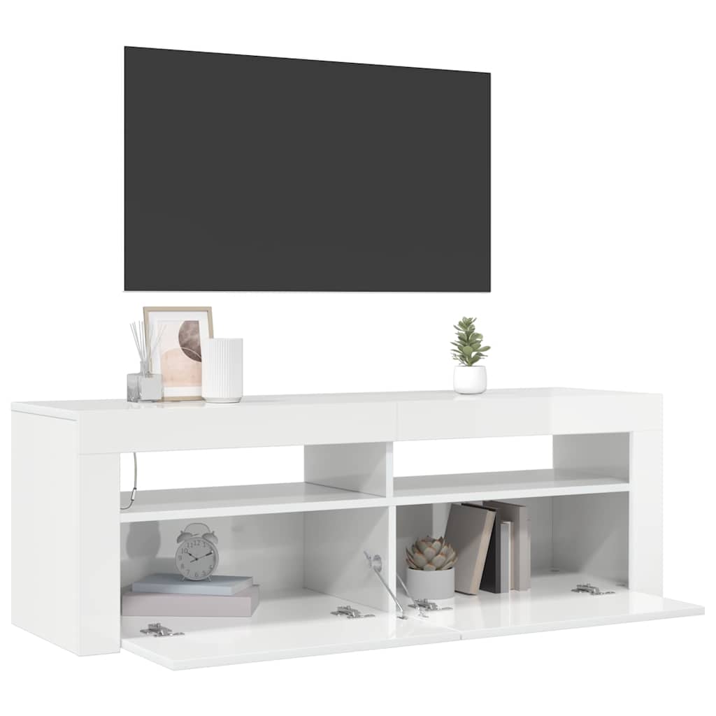 TV-bänk med LED-belysning vit högglans 120x35x40 cm
