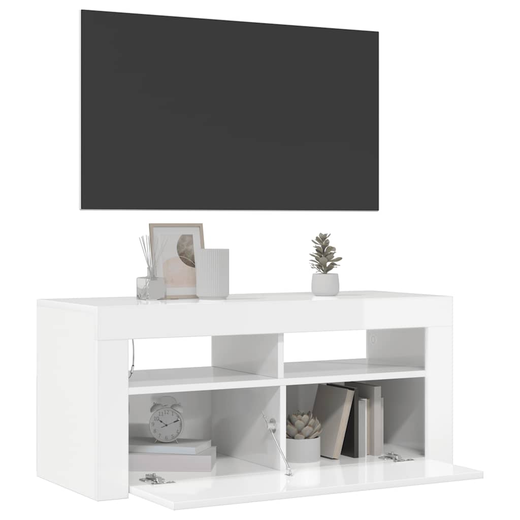 TV-bänk med LED-belysning vit högglans 90x35x40 cm