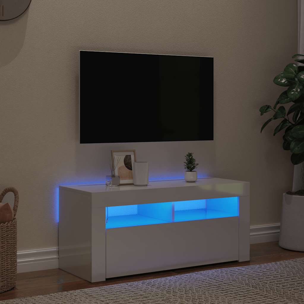 TV-bänk med LED-belysning vit högglans 90x35x40 cm