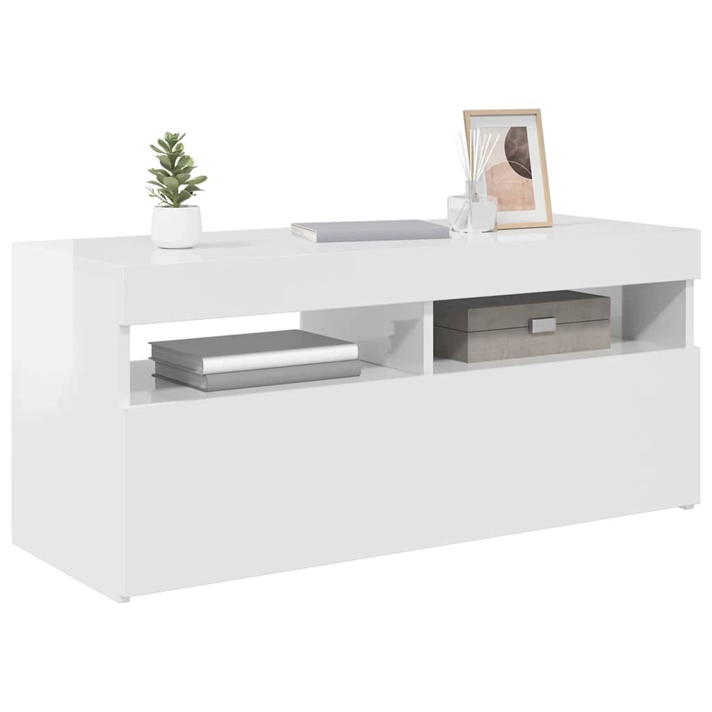 TV-bänk med LED-belysning vit högglans 90x35x40 cm
