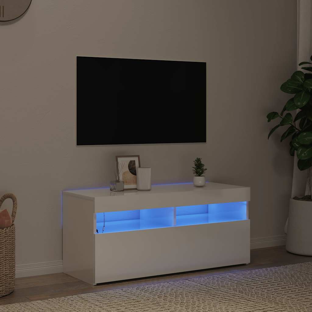 TV-bänk med LED-belysning vit högglans 90x35x40 cm