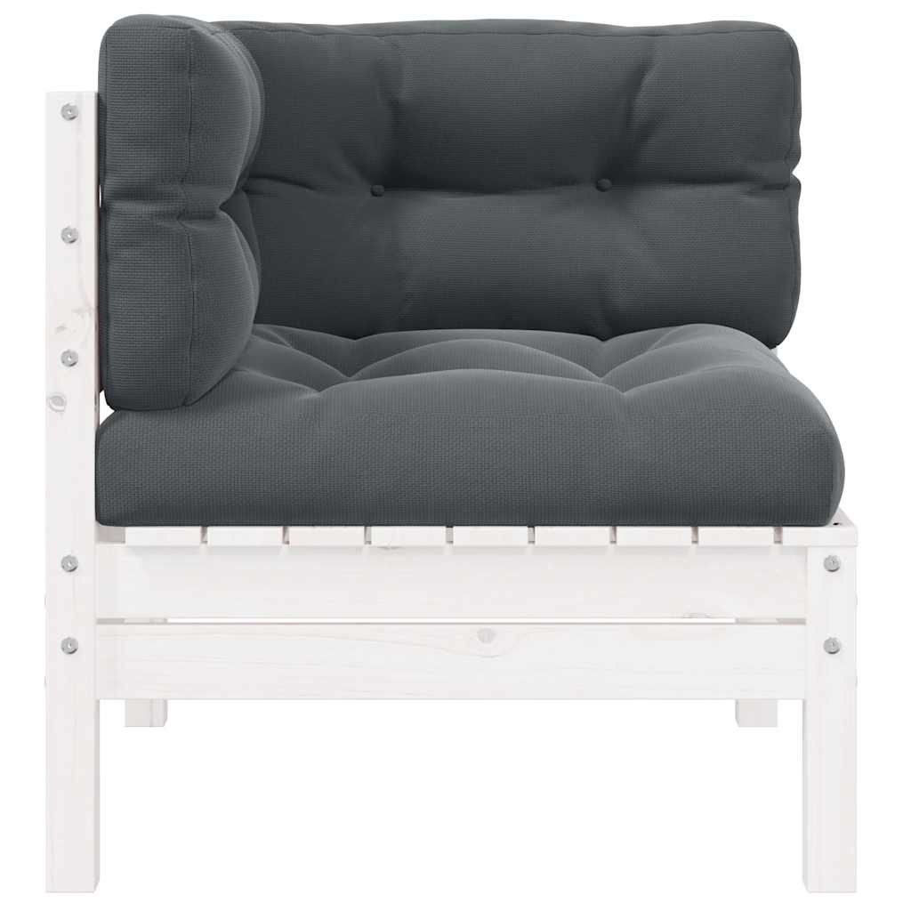 Hörnsoffa med vit dynor massiv furu