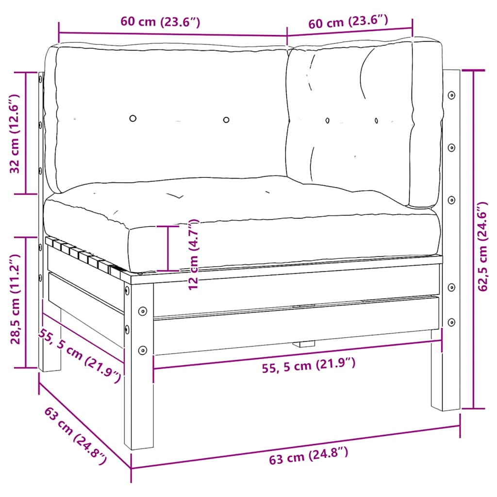 Hörnsoffa med vit dynor massiv furu