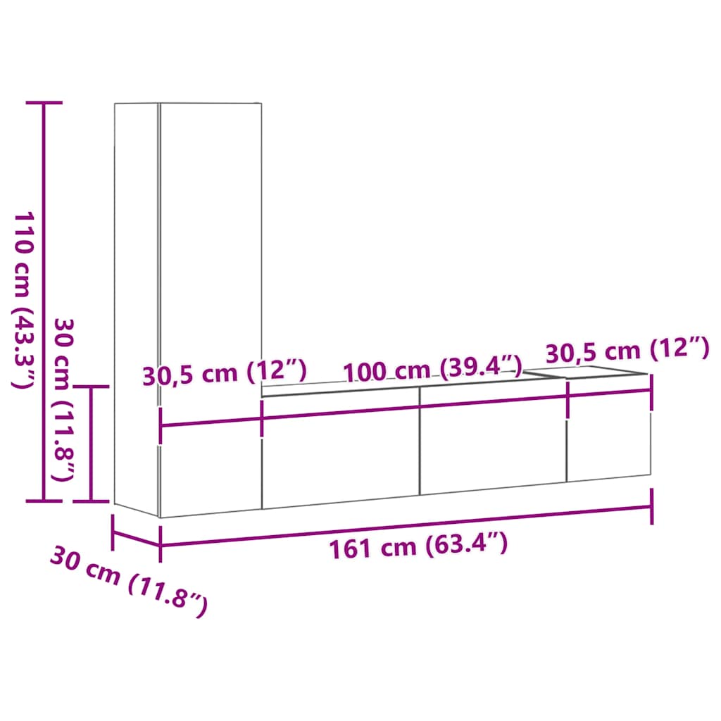 TV-skåp 3 delar rökfärgad ek konstruerat trä