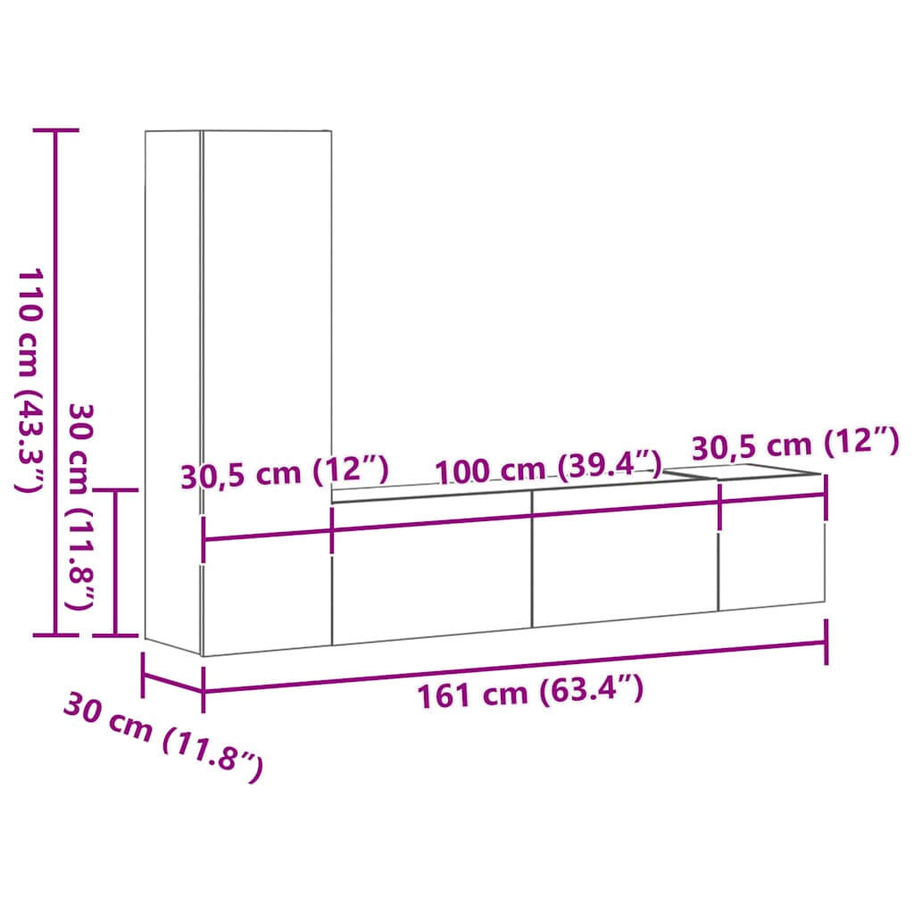 TV-skåp 3 delar grå sonoma konstruerat trä