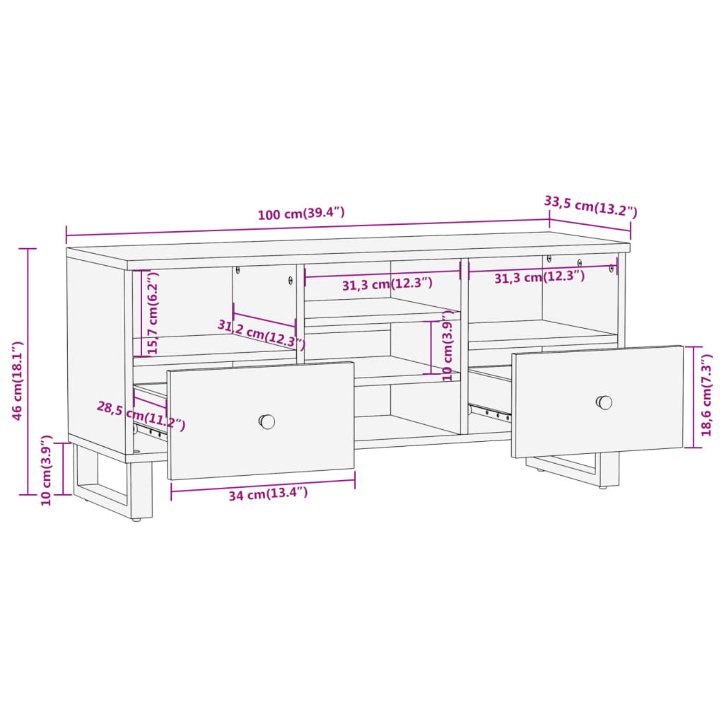 Tv-bänk brun och svart 100x33,5x46 cm massivt mangoträ