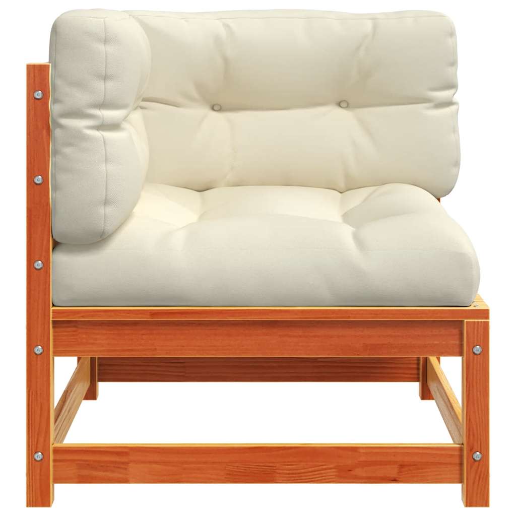 Hörnsektion till trädgårdssoffa med dynor vaxbrun massiv furu