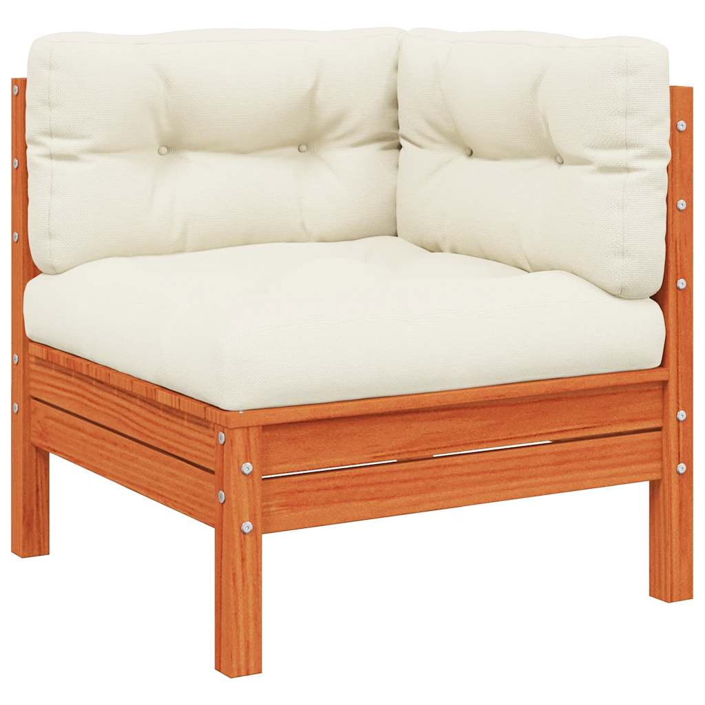 Hörnsektion till trädgårdssoffa med dynor vaxbrun massiv furu