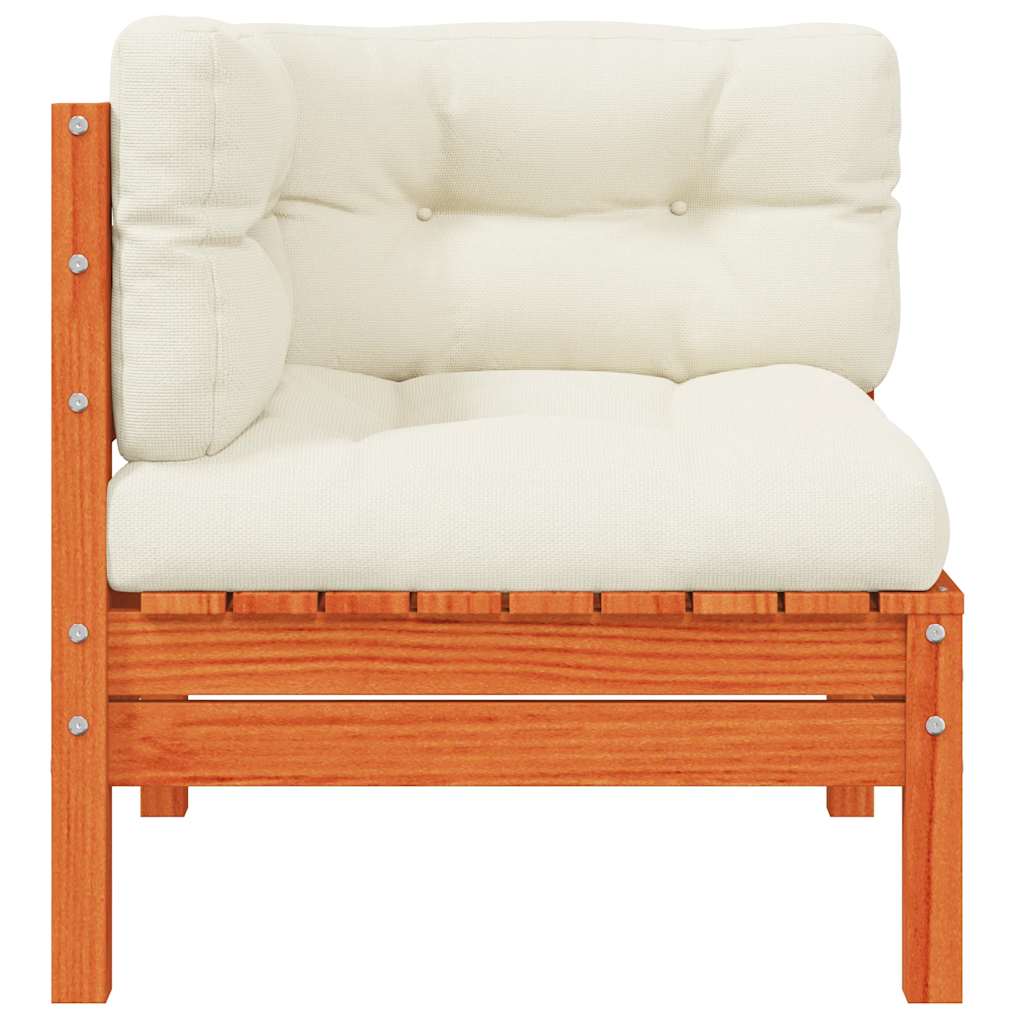 Hörnsektion till trädgårdssoffa med dynor vaxbrun massiv furu