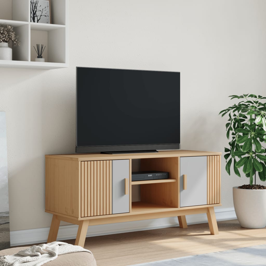 Tv-bänk OLDEN grå och brun 114x43x57 cm massiv furu
