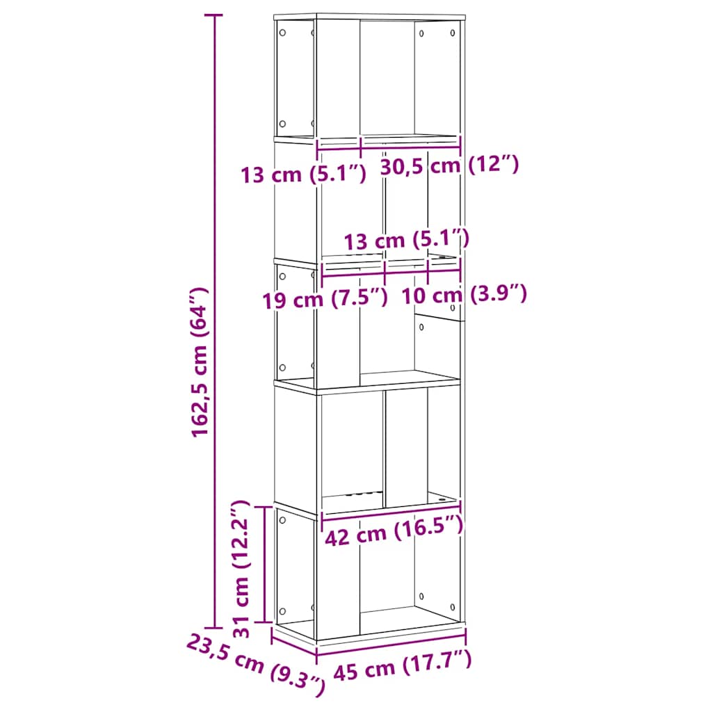 Bokhylla 5 hyllplan ek 45x23,5x162,5 cm konstruerat trä